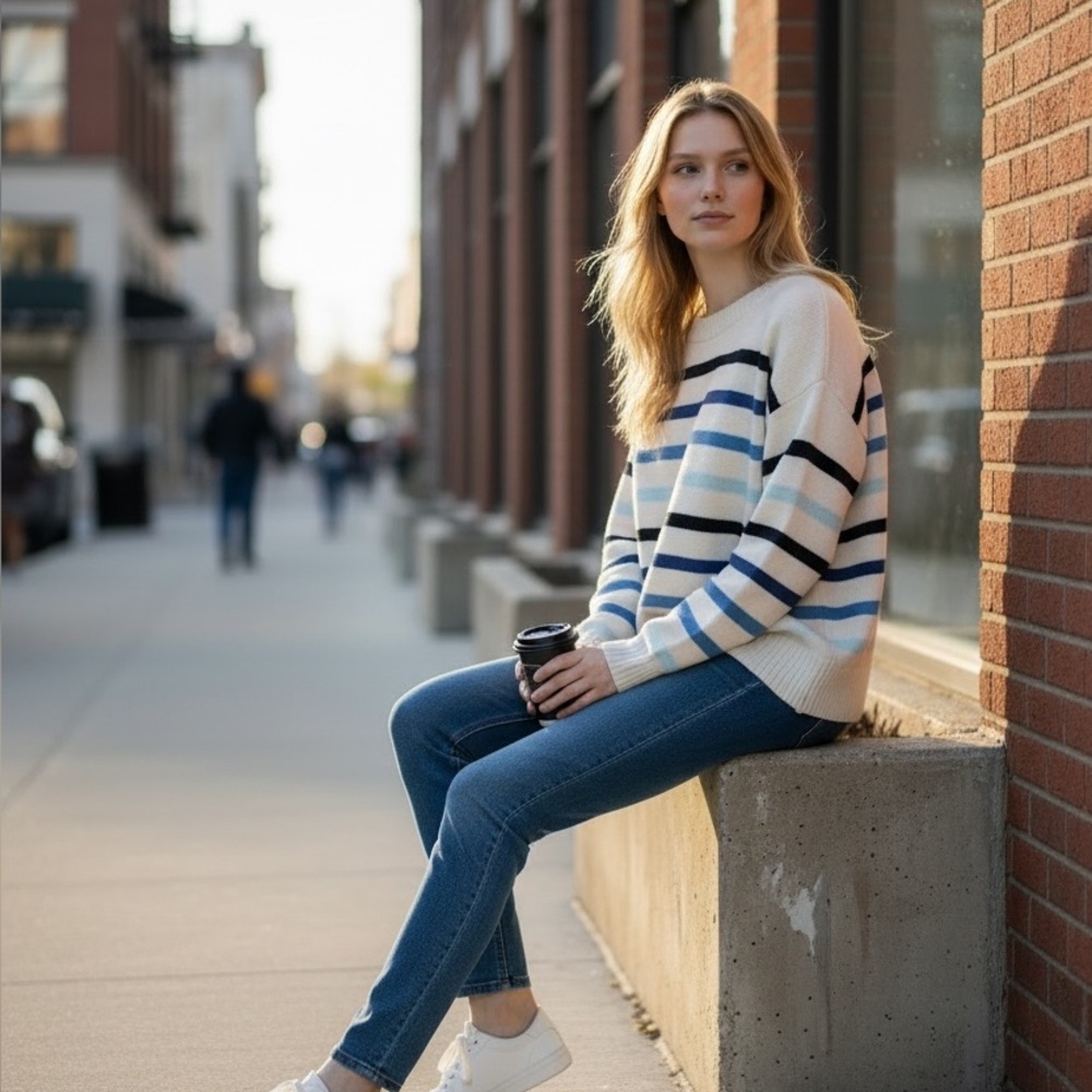 Talbots Cream and Blue Boxy 💯 Pima Cotton Striped Sweater - Picture 2 of 9